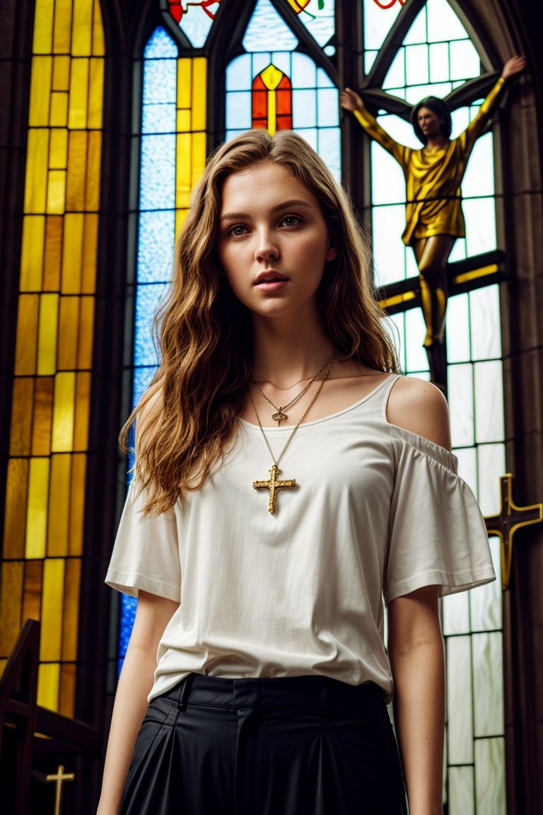 00049-125677565-_lora_kawaii7.1.3_obj20_0.75_0.25_, European woman, closeup, (shirt), pants, ((inside a church_ 1.2), stained glass), cross neck.jpg